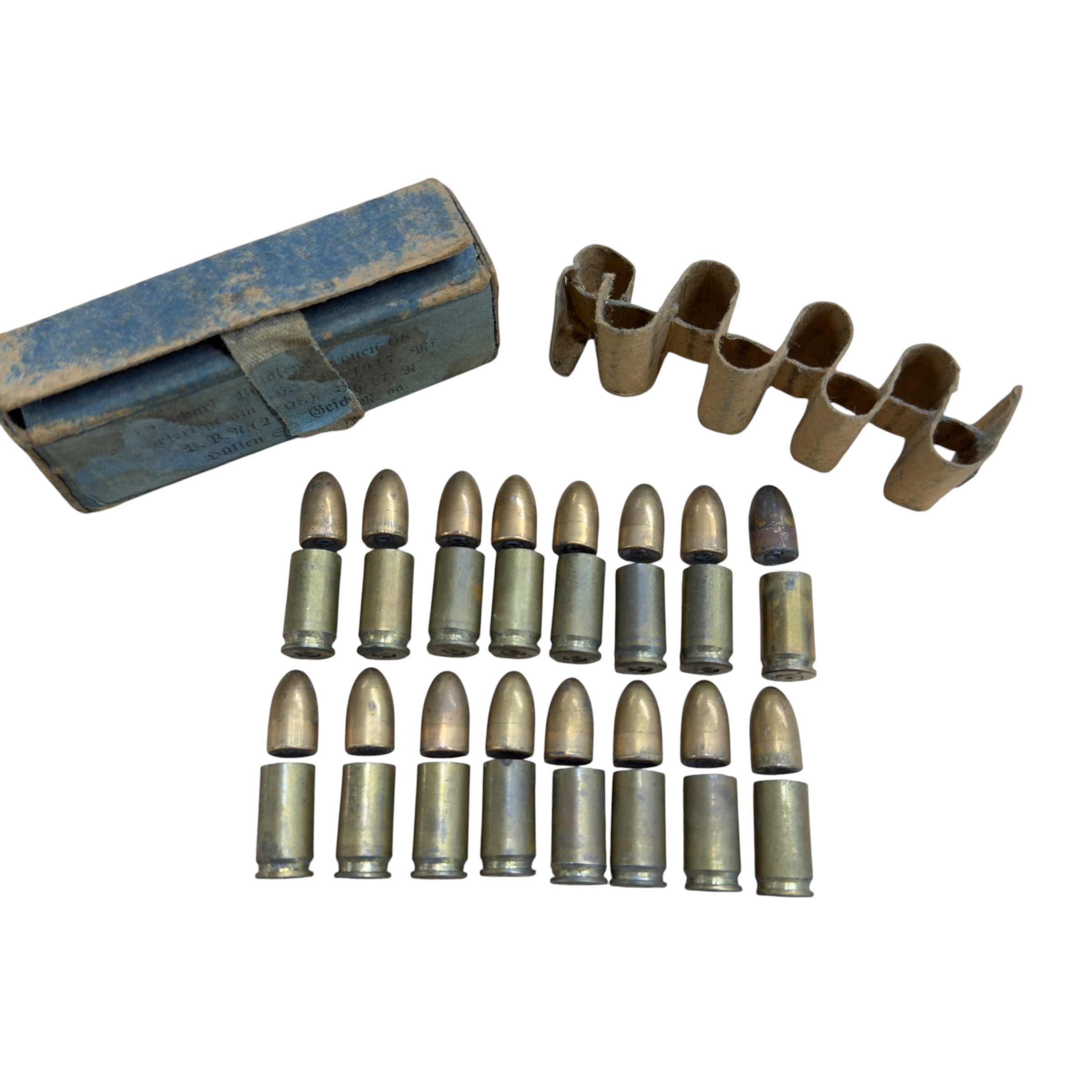 Zestaw 16 nabojów DEKO 9mm z pudełkiem 1917 rok