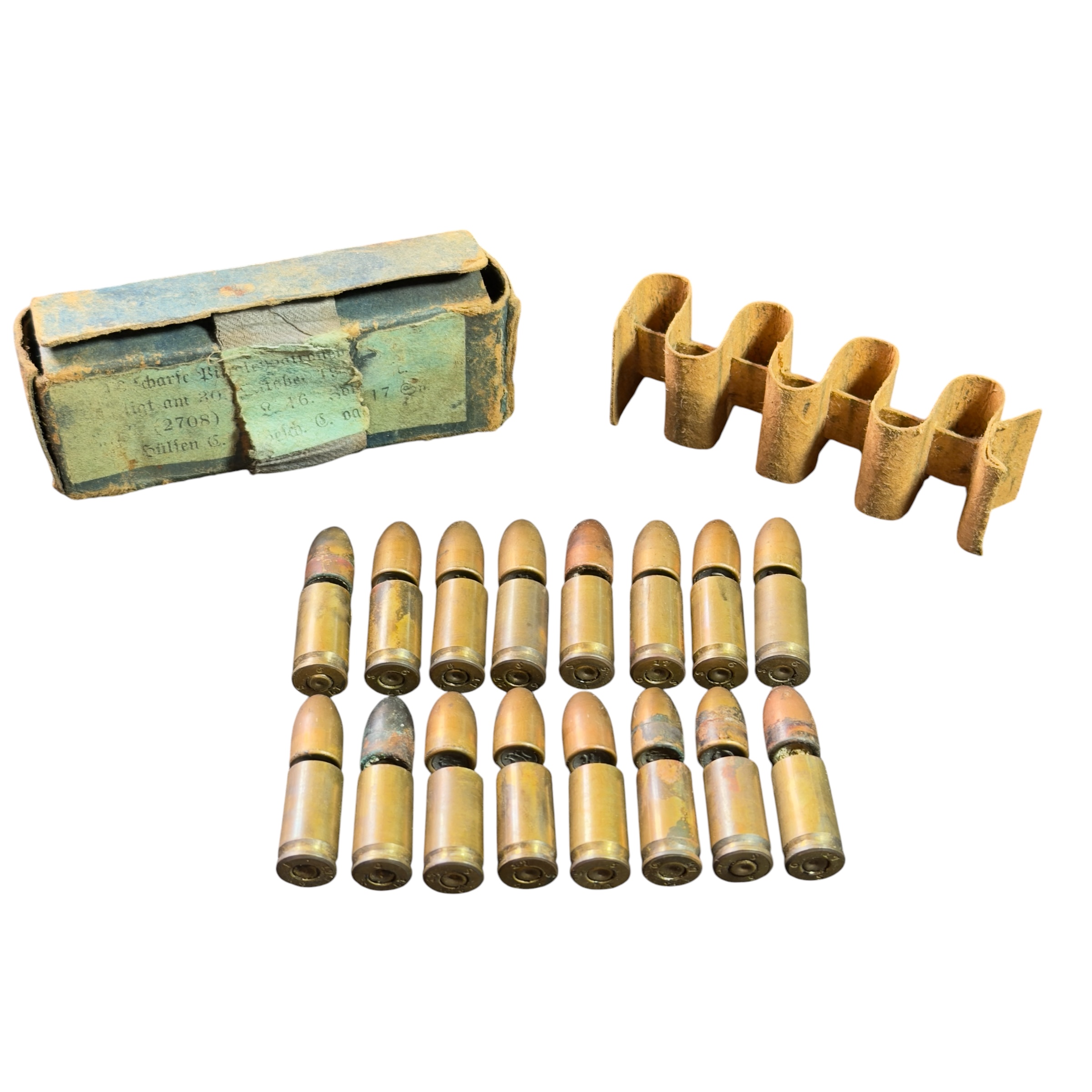 Zestaw 16 nabojów DEKO 9mm z pudełkiem 1917 rok
