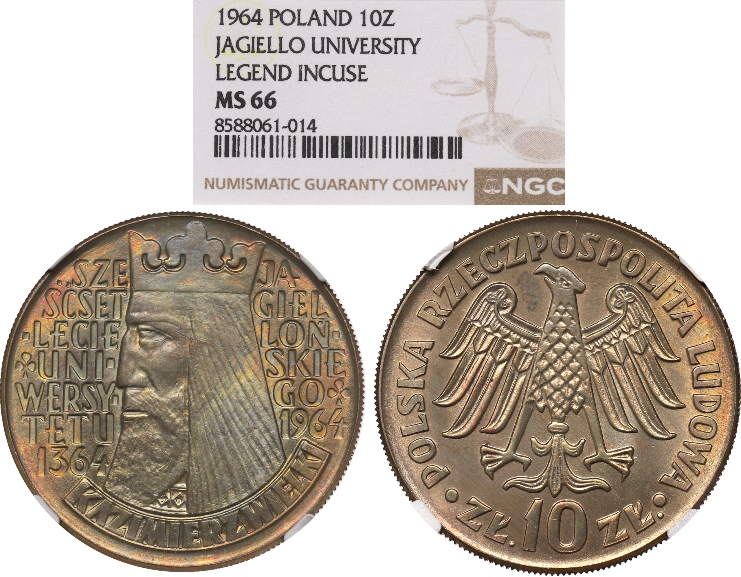 10 Złotych 1964 Kazimierz Wielki, wklęsły napis - NGC MS66